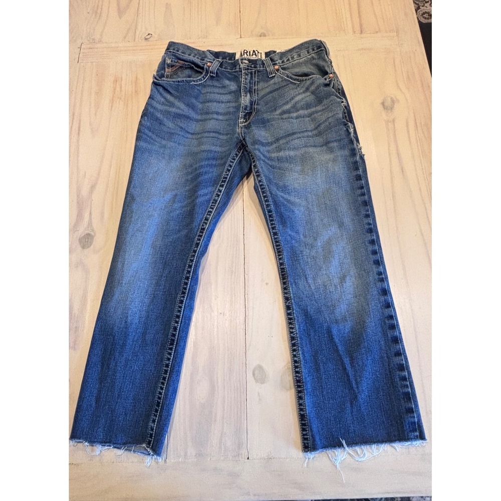 Ariat M4 Low Rise Bootcut Jeans Mens 36X27 Medium Wash Denim Raw Hem Cutoff
